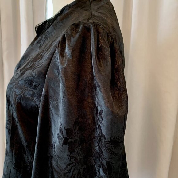 Vintage 80s Black Satin Floral Brocade Blouse Lace Neckline Puff Long Sleeve XL - Picture 4 of 11